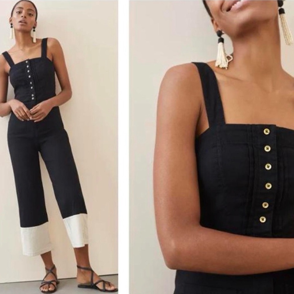 New Anthropologie Maeve Sz 4 Colette Cropped Wide-Leg Overalls Jumpsuit Blk/Wht